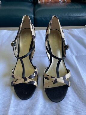 Nine West Black and Beige Leopard T-Strap Heels